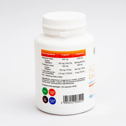 Magnesium Citrate with Potassium and Vitamin B6 (P-5-P) - 100 vegan capsules