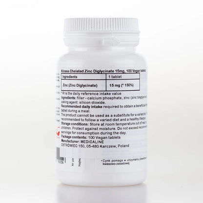 Chelated Zinc Diglycinate 15 mg – 100 Vegan Tablets | High Bioavailability