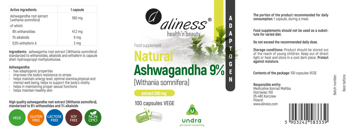 Ashwagandha (Withania Somnifera) 580 mg 9%, 100 kapsułek wegańskich
