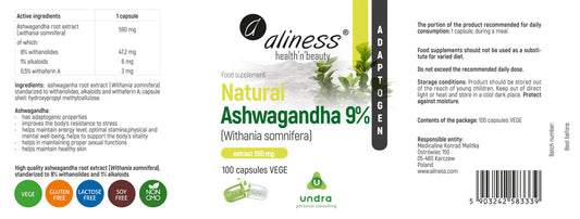 Ashwagandha (Withania Somnifera) 580 mg 9%, 100 kapsułek wegańskich