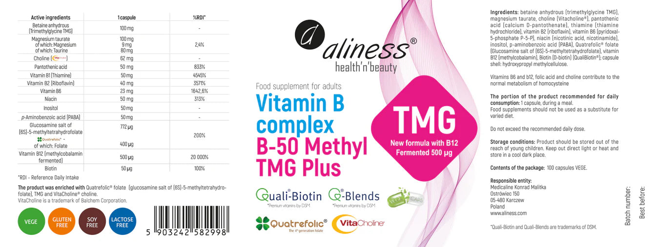 Vitamin B Complex, B-50 Methyl, TMG Plus - 100 capsules