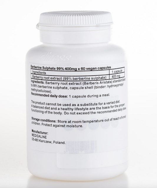 BERBERINE SULFATE 400mg - kapsułki wegańskie o wysokiej mocy, zapas na 2 miesiące (60 kapsułek)