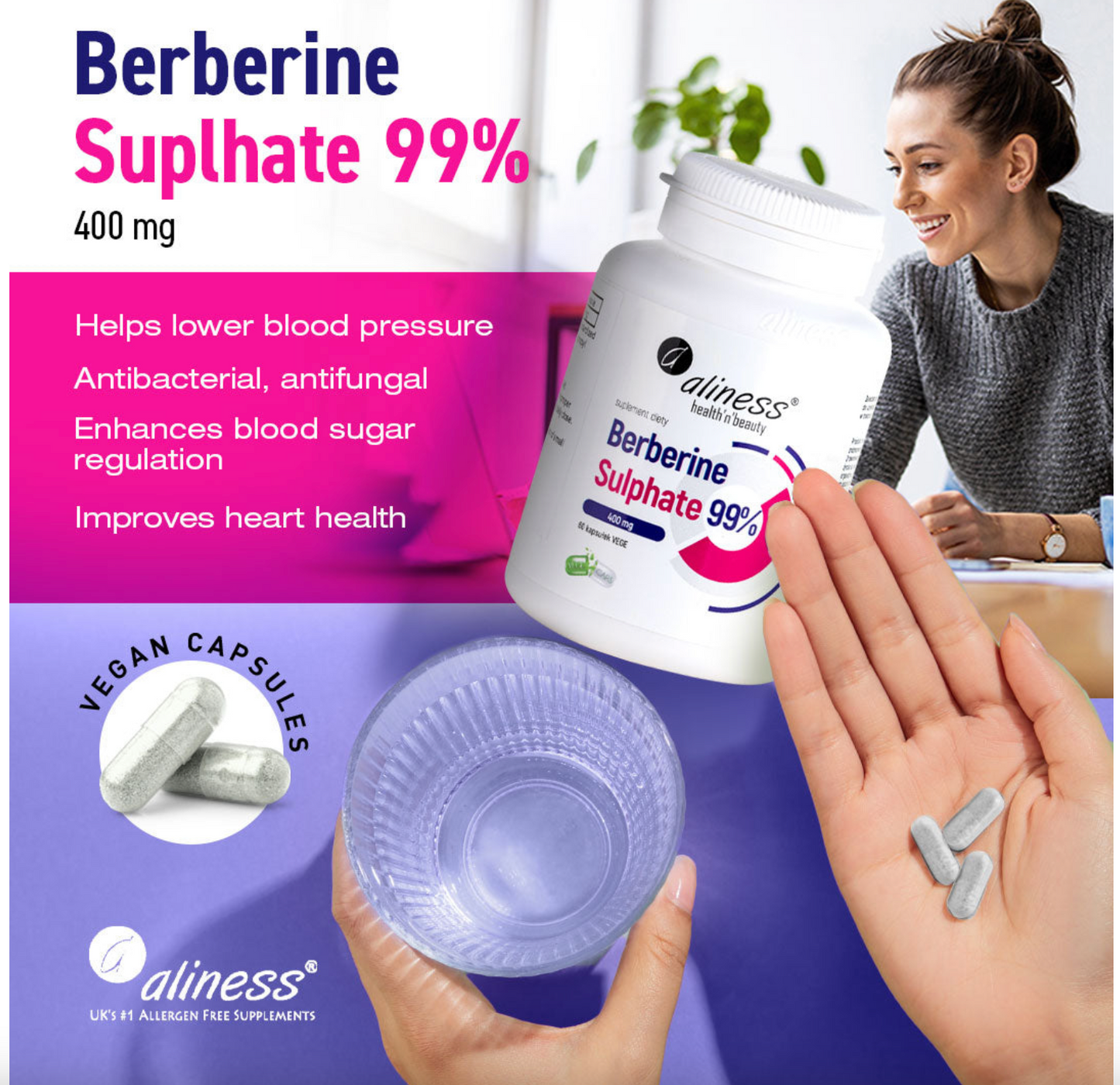 BERBERINE SULFATE 400mg - kapsułki wegańskie o wysokiej mocy, zapas na 2 miesiące (60 kapsułek)