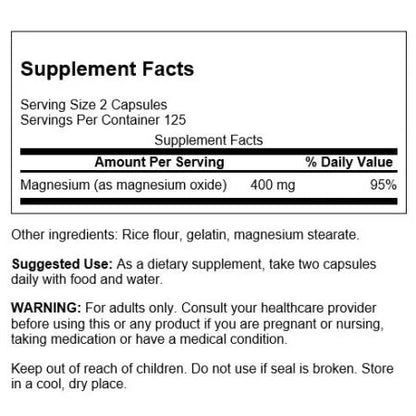 Magnesium Oxide 200mg Capsules 250 - SWANSON