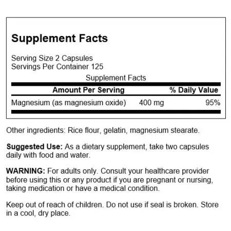 Magnesium Oxide 200mg Capsules 250 - SWANSON