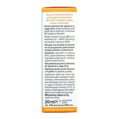 ✨20% OFF✨Witamina D3 Słońce 20ml, 800 j.m. [data ważności]